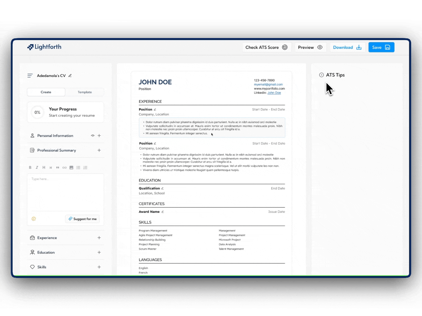 ATS-friendly resume builder interface
